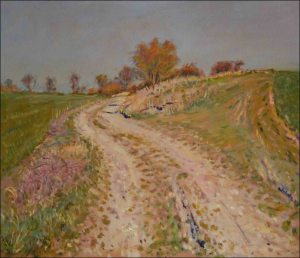 By a spring path in the fields between Mntice and Tunchody, 2020, oil on canvas panel (60x70) 