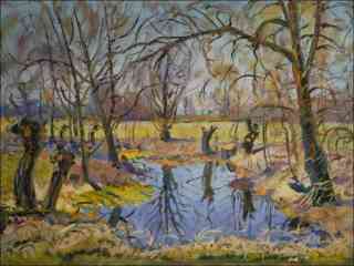 Spring Little Lake near Hostovice with Pruned Willows, 2014, oil on canvas panel (60x80)