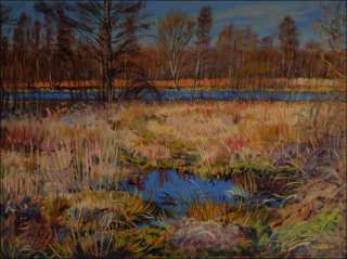 Spring dry grass on the banks of the blind arm of the Elbe behind Rosice, 2020, oil on canvas panel (60x80)