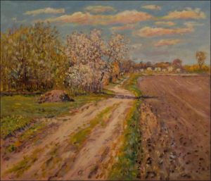 Spring at the gardening colony in Sezemice, 2019, oil on canvas panel (60x70)