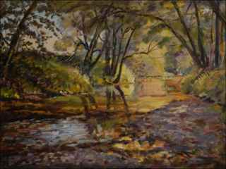 Riverbed of The Chrudimka River near The ttn Watermill beyond in, 2011, oil on canvas panel (60x80)