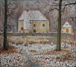 A Church With Cemetery on The Place of Ancient Water Fortress near Valy u Peloue, 2006, oil on canvas panel (70x80)