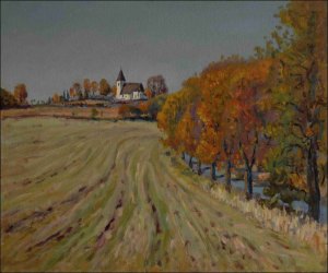 The Little Church in Havlkova Borov in Autumn Colours, 2010, oil on canvas panel (50x60)