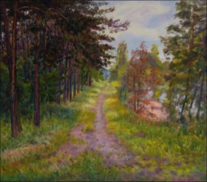 Region of Pine Forest with a Path next to A Sand-pit in Mlice, 2010, oil on canvas panel (70x80)