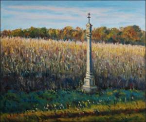 A Wayside Cross beyond The Manor Park in Choltice, 2008, oil on canvas panel (50x60)