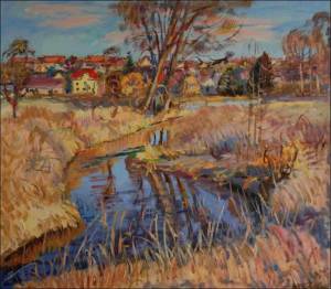 The Novohradka River in front of The Bridge in hetick Lhota, 2016, oil on canvas panel (70x80)