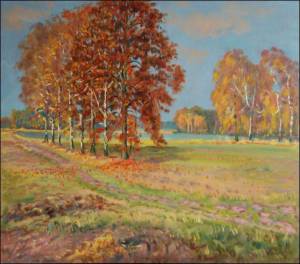 An Oak and Birches in Autumn near Hrdek Village, 2008, oil on canvas panel (70x80) 