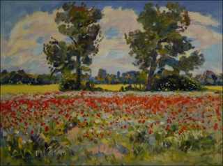 A Field of Red Poppies beyond Pardubice towards Sezemice, 2014, oil on canvas panel (60x80)