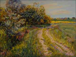 A Road in Fields with Blossoming Bushes between Lukovna and Drakov, 2015, oil on canvas panel (60x80)