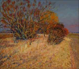 A draw with dry grass and willows between Hostovice and Kostnice, 2019, oil on canvas panel (70x80)