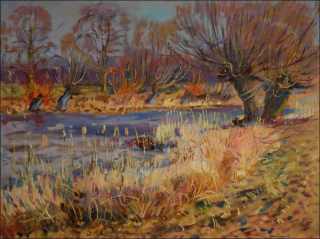 Sunny early spring at The Blind arm of Chrudimka in Hostovice, 2019, oil on canvas panel (60x80) 