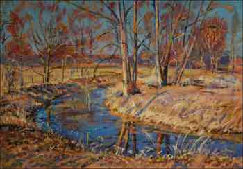 Sunny early spring in Novohradka before the confluence with Chrudimka, 2019, oil on canvas panel (70x100)