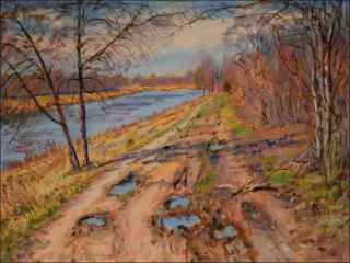 Sunny early spring on the right bank of the Elbe behind the bridge in Rosice, 2020, oil on canvas panel (60x80)