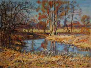 Sunny early spring day in Novohradka at the confluence with Chrudimka, 2019, oil on canvas panel (60x80)