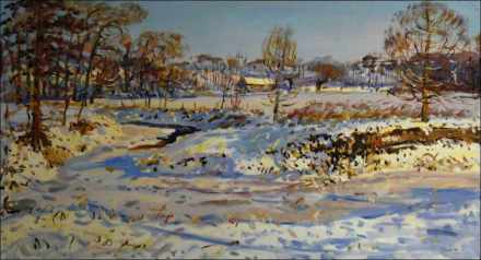 Sunny Winter Day at Novohradka near Uhetick Lhota, 2012, oil on canvas panel (60x110)