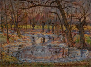 Melting ice on the blind arm of Chrudimka near Hostovice, 2019, oil on canvas panel (60x80)