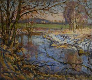 A Spring Thaw at Novohradka near hetice with Dvakaovices Church, 2013, oil on canvas panel (70x80)