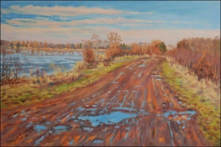 February Thaw near A Sand-pit beyond Hrdek, oil on canvas panel (52x78)  