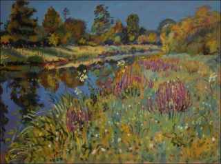 Burgundy flowers on the banks of Loun behind the bridge in Sezemice, 2019, oil on canvas panel (60x80)