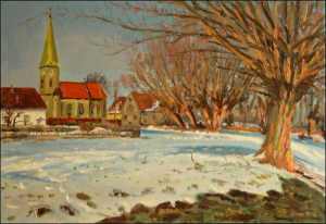 Willows and Church near Labe River in Kuntice, 2005, oil on canvas panel (45x65)