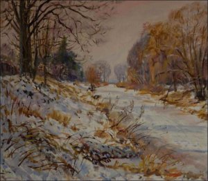 Snow-covered Loun River behind The Bridge in Sezemice, 2012, oil on canvas panel (70x80)