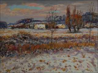 Uhetick Lhota over The Novohradka River in Winter, 2016, oil on canvas panel (60x80)