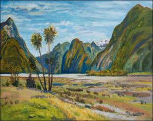 Milford Sound with Mitre Peak on the Left Side, 2008, oil on canvas panel (61x76)