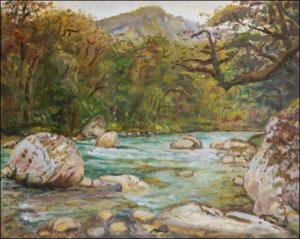 A River in Fiordland National Park, 2008, oil on canvas panel (61x76)